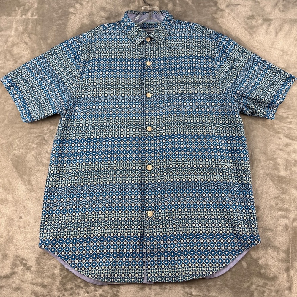 Tommy Bahama Short Sleeve Shirt Mens M Blue Geometric Silk Button Down EUC